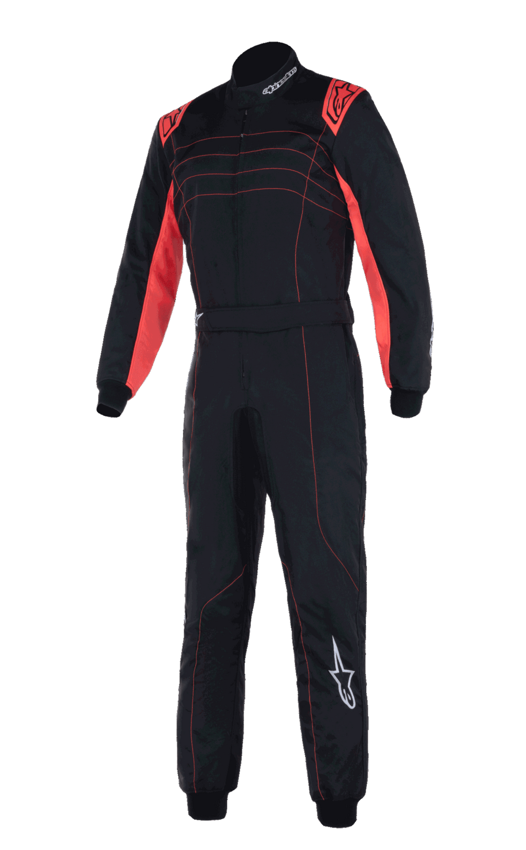 Fato Alpinestars KMX-9 V3, fato de competição de karting profissional, preto e vermelho fluo, com construção de dupla camada, painéis vermelhos fluorescentes nos ombros e parte interna dos braços, costuras de destaque vermelhas e logótipo Alpinestars branco na perna esquerda