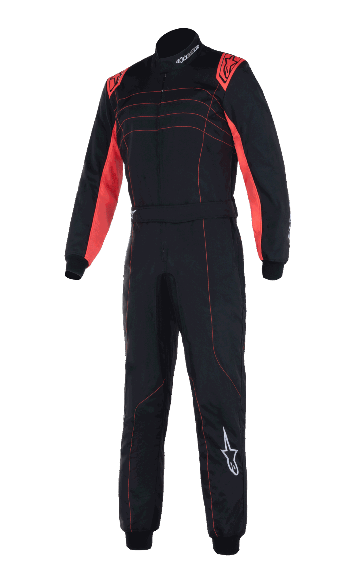 Fato Alpinestars KMX-9 V3, fato de competição de karting profissional, preto e vermelho fluo, com construção de dupla camada, painéis vermelhos fluorescentes nos ombros e parte interna dos braços, costuras de destaque vermelhas e logótipo Alpinestars branco na perna esquerda