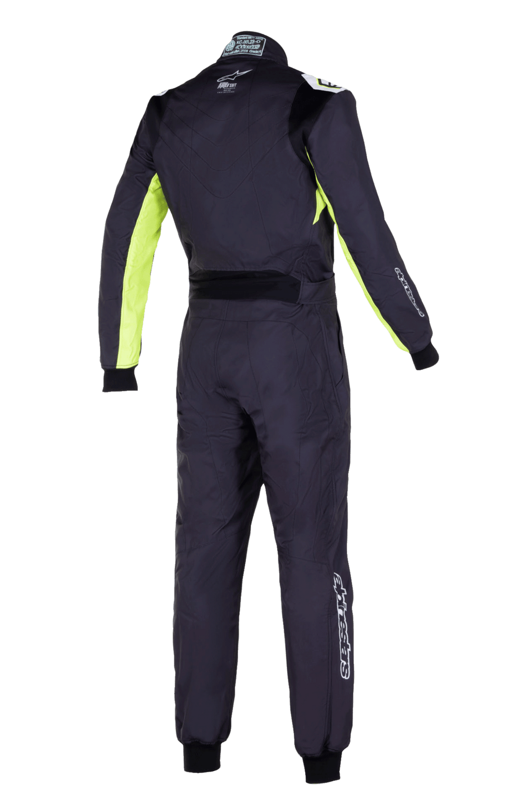 Macacão Alpinestars KMX-9 V3 Graphic 3, macacão de karting, preto e amarelo fluo, vista traseira com painéis amarelo fluorescentes nas mangas e laterais, painel lombar elástico preto e logótipos Alpinestars brancos nas costas e pernas.
