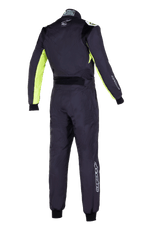 Macacão Alpinestars KMX-9 V3 Graphic 3, macacão de karting, preto e amarelo fluo, vista traseira com painéis amarelo fluorescentes nas mangas e laterais, painel lombar elástico preto e logótipos Alpinestars brancos nas costas e pernas.