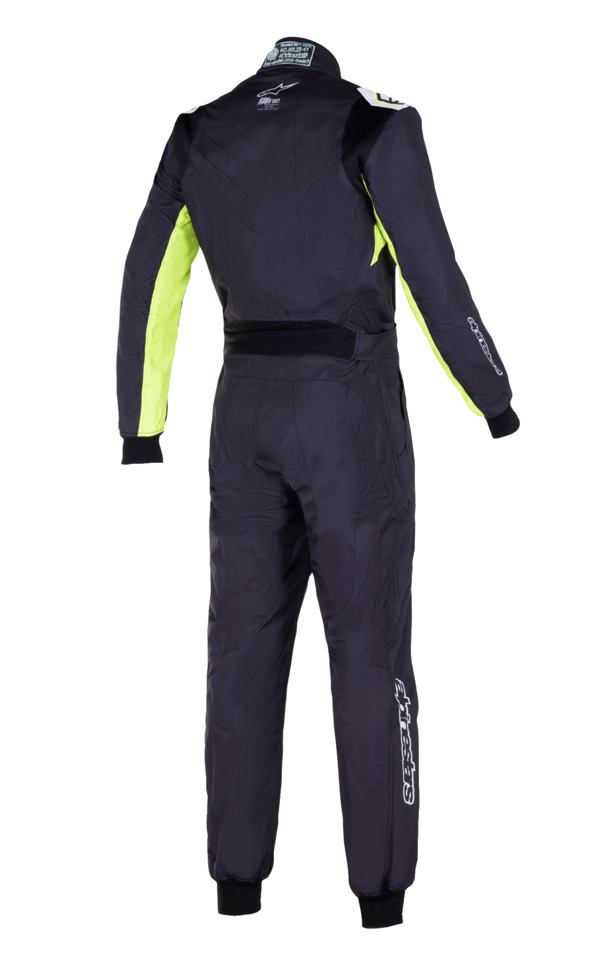 Macacão Alpinestars KMX-9 V3 Graphic 3, macacão de karting, preto e amarelo fluo, vista traseira com painéis amarelo fluorescentes nas mangas e laterais, painel lombar elástico preto e logótipos Alpinestars brancos nas costas e pernas.