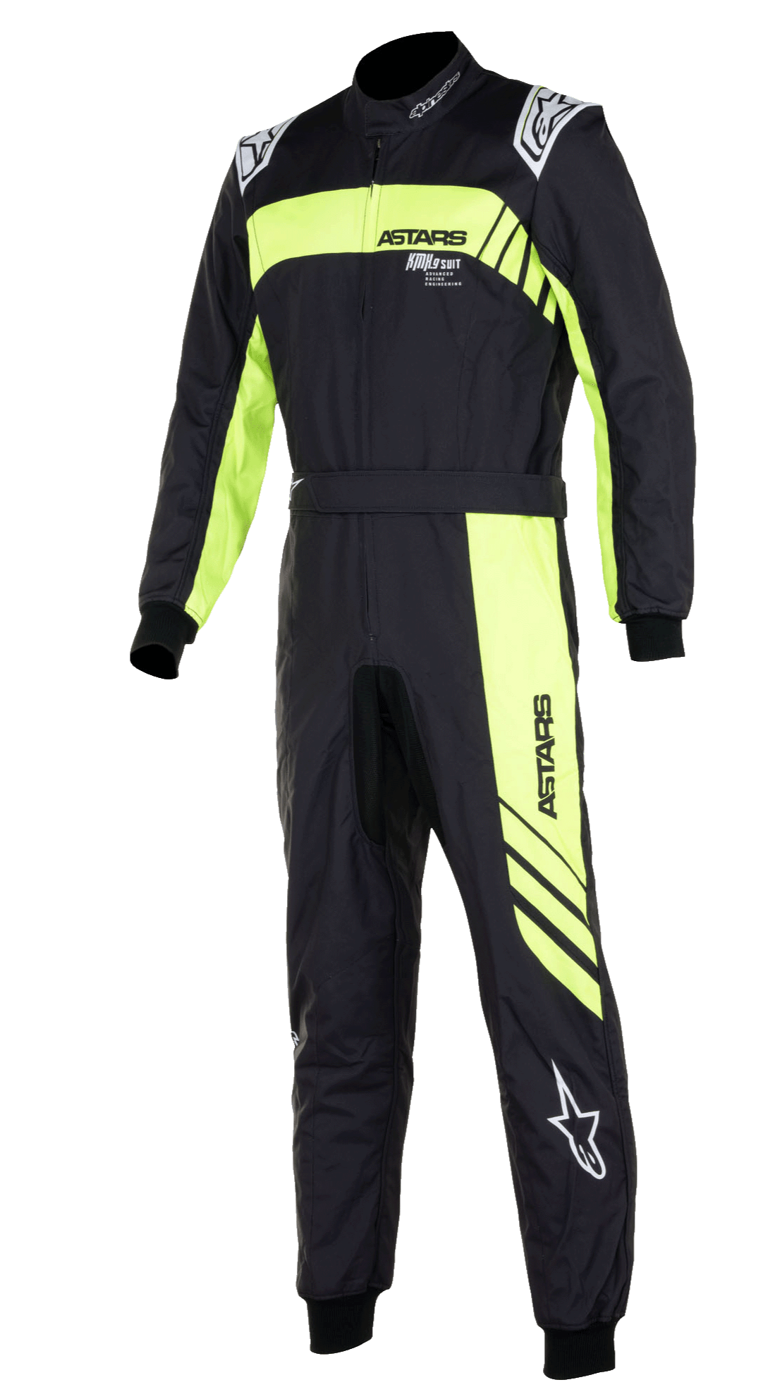 Alpinestars KMX-9 V3 Graphic 3 Suit, macacão de karting monopeça em preto e amarelo flúor, com riscas gráficas amarelas fluorescentes marcantes no peito e ao longo da perna, logótipos Alpinestars brancos nos ombros e na parte inferior da perna, punhos de malha nos pulsos e tornozelos, equipamento de corrida de alta performance