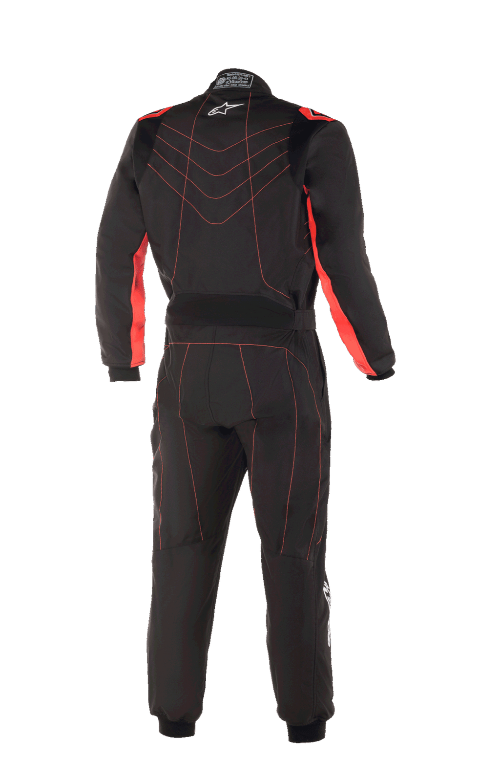 Alpinestars Youth KMX-9 V3 Suit, fato de karting, preto e vermelho fluo, vista traseira com costuras contrastantes vermelhas em padrão chevron nas costas, painéis vermelhos no interior dos braços, pequeno logótipo de estrela branco na gola e cinto ajustável na cintura para um visual de corrida profissional.