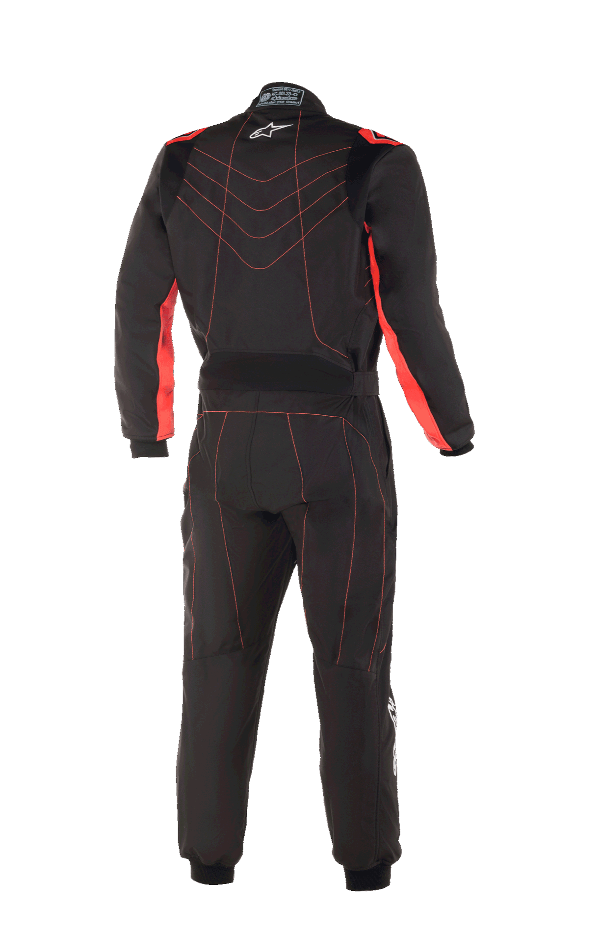 Alpinestars Youth KMX-9 V3 Suit, fato de karting, preto e vermelho fluo, vista traseira com costuras contrastantes vermelhas em padrão chevron nas costas, painéis vermelhos no interior dos braços, pequeno logótipo de estrela branco na gola e cinto ajustável na cintura para um visual de corrida profissional.