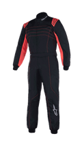 Alpinestars Youth KMX-9 V3 Suit, fato de corrida para karting, preto e vermelho fluorescente, design de peça única com detalhes e costuras vermelhas nos ombros, logótipos Alpinestars brancos, construção de gola alta para competição juvenil