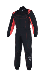 Alpinestars Youth KMX-9 V3 Suit, fato de corrida para karting, preto e vermelho fluorescente, design de peça única com detalhes e costuras vermelhas nos ombros, logótipos Alpinestars brancos, construção de gola alta para competição juvenil