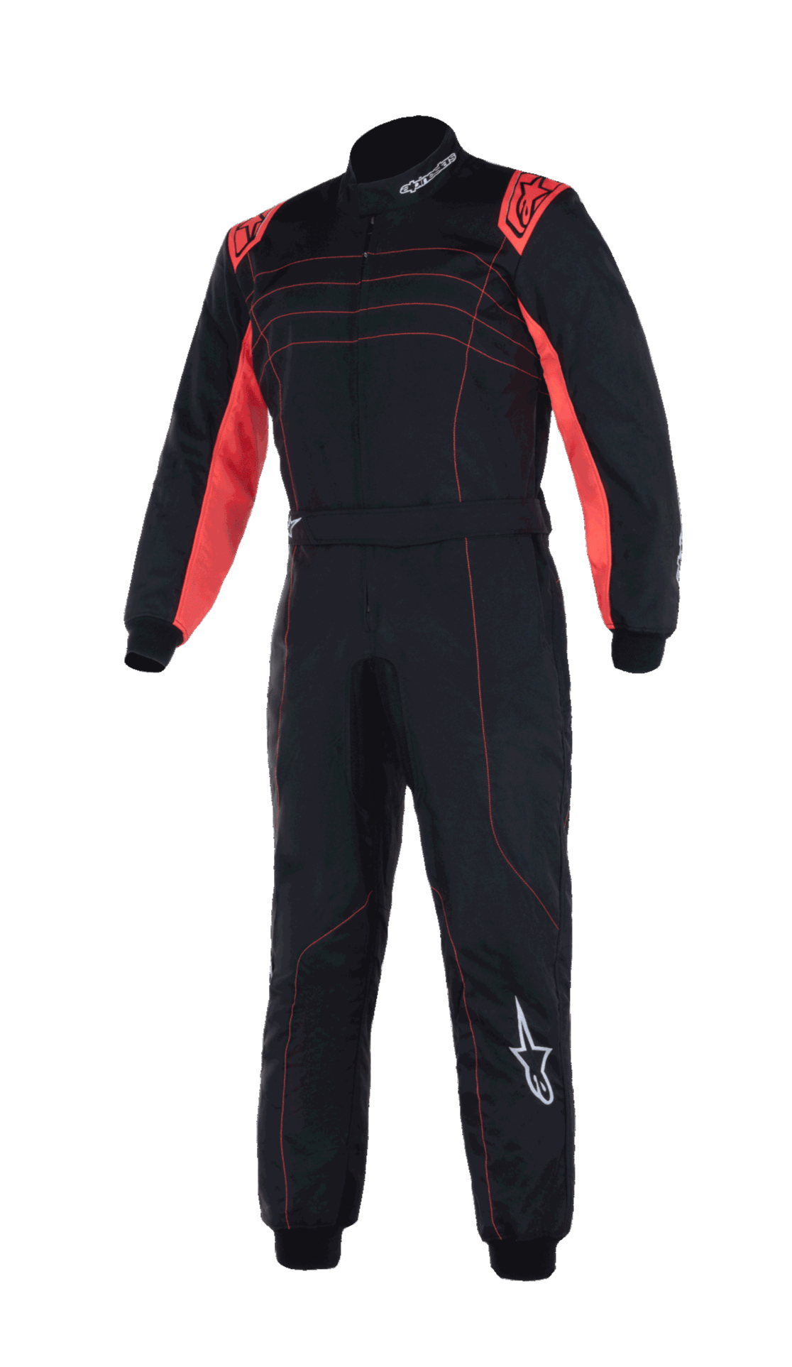 Alpinestars Youth KMX-9 V3 Suit, fato de corrida para karting, preto e vermelho fluorescente, design de peça única com detalhes e costuras vermelhas nos ombros, logótipos Alpinestars brancos, construção de gola alta para competição juvenil