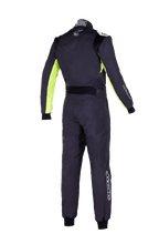 Alpinestars Youth KMX-9 V3 Suit Graphic 3, fato de karting para jovens, preto e amarelo fluo, vista traseira de fato de competição de peça única com painéis elásticos nas costas e ombros, detalhes em amarelo fluorescente na parte interna dos braços e logótipo Alpinestars na gola e na parte inferior da perna