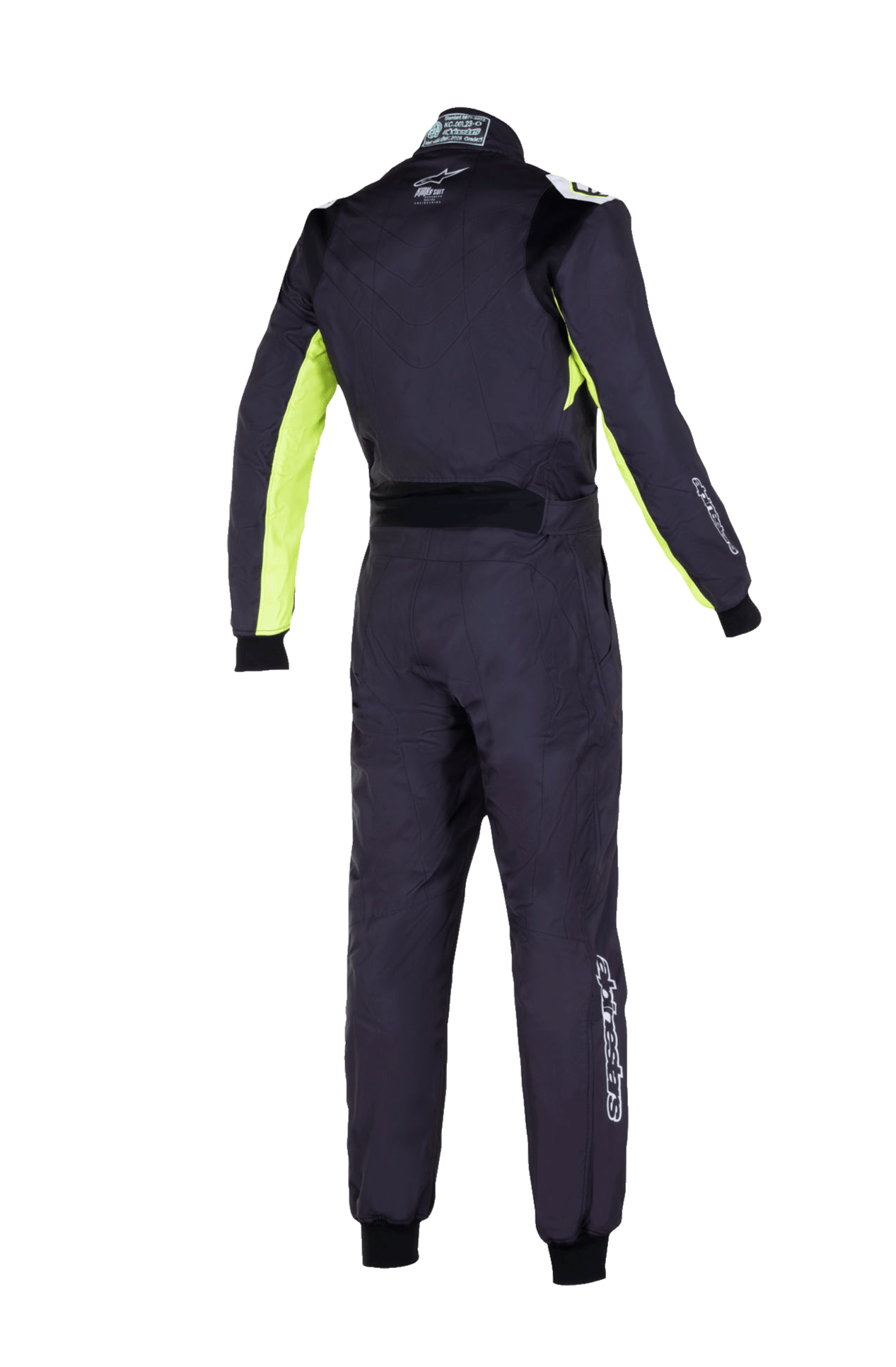 Alpinestars Youth KMX-9 V3 Suit Graphic 3, fato de karting para jovens, preto e amarelo fluo, vista traseira de fato de competição de peça única com painéis elásticos nas costas e ombros, detalhes em amarelo fluorescente na parte interna dos braços e logótipo Alpinestars na gola e na parte inferior da perna