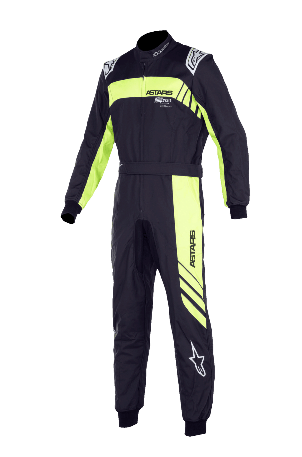 Alpinestars Youth KMX-9 V3 Suit Graphic 3, fato de corrida de karting, preto e amarelo fluo, design de peça única com gola alta, cinto na cintura e punhos canelados, com a marca "ASTARS" em destaque e gráficos de riscas diagonais