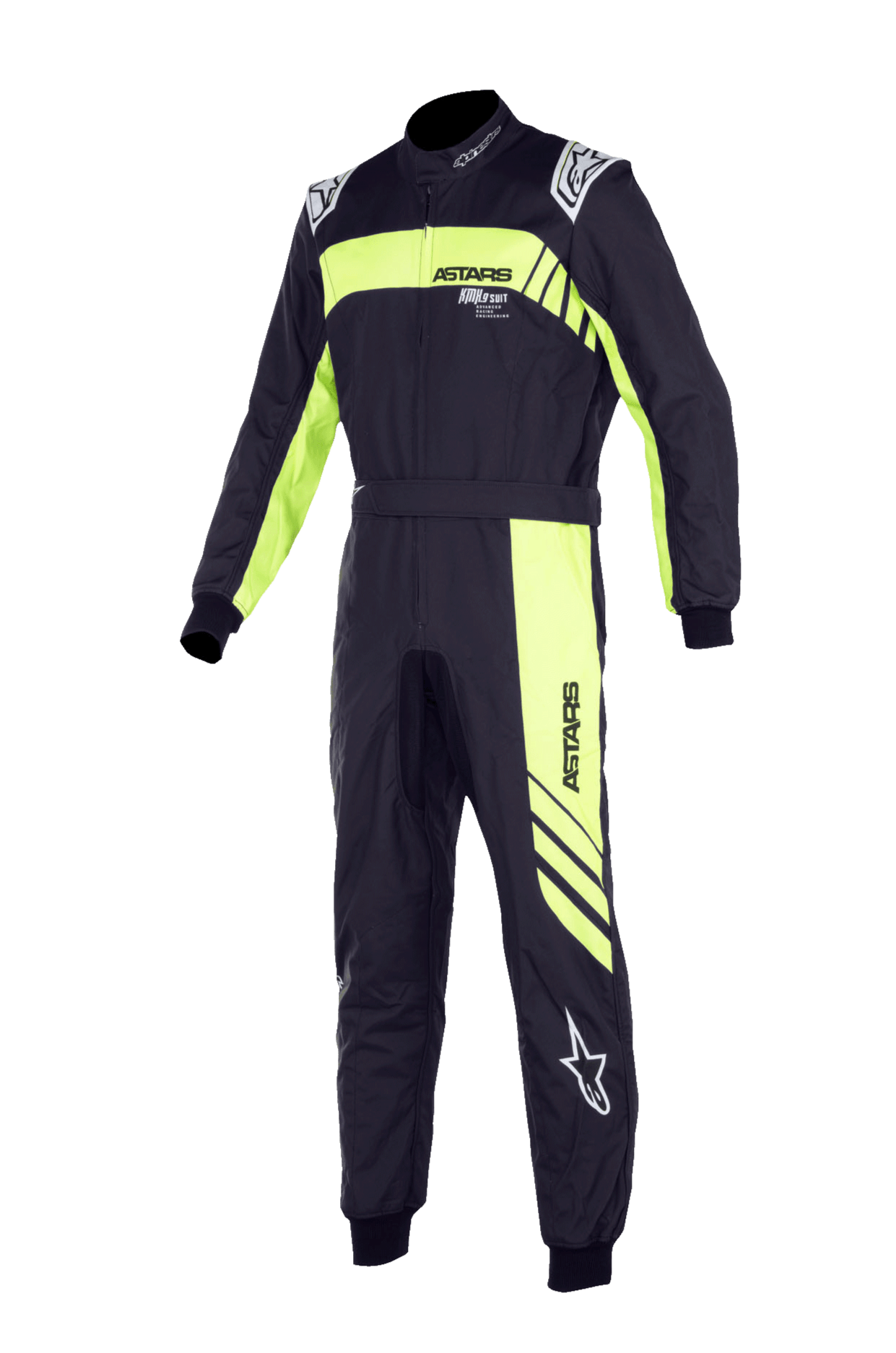 Alpinestars Youth KMX-9 V3 Suit Graphic 3, fato de corrida de karting, preto e amarelo fluo, design de peça única com gola alta, cinto na cintura e punhos canelados, com a marca "ASTARS" em destaque e gráficos de riscas diagonais