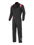 Alpinestars Kart Indoor Suit, fato de karting preto e vermelho, painéis vermelhos nos ombros com logótipos de estrela brancos, cinto ajustável com a marca Alpinestars a vermelho, logótipo de estrela branco na parte inferior da perna esquerda