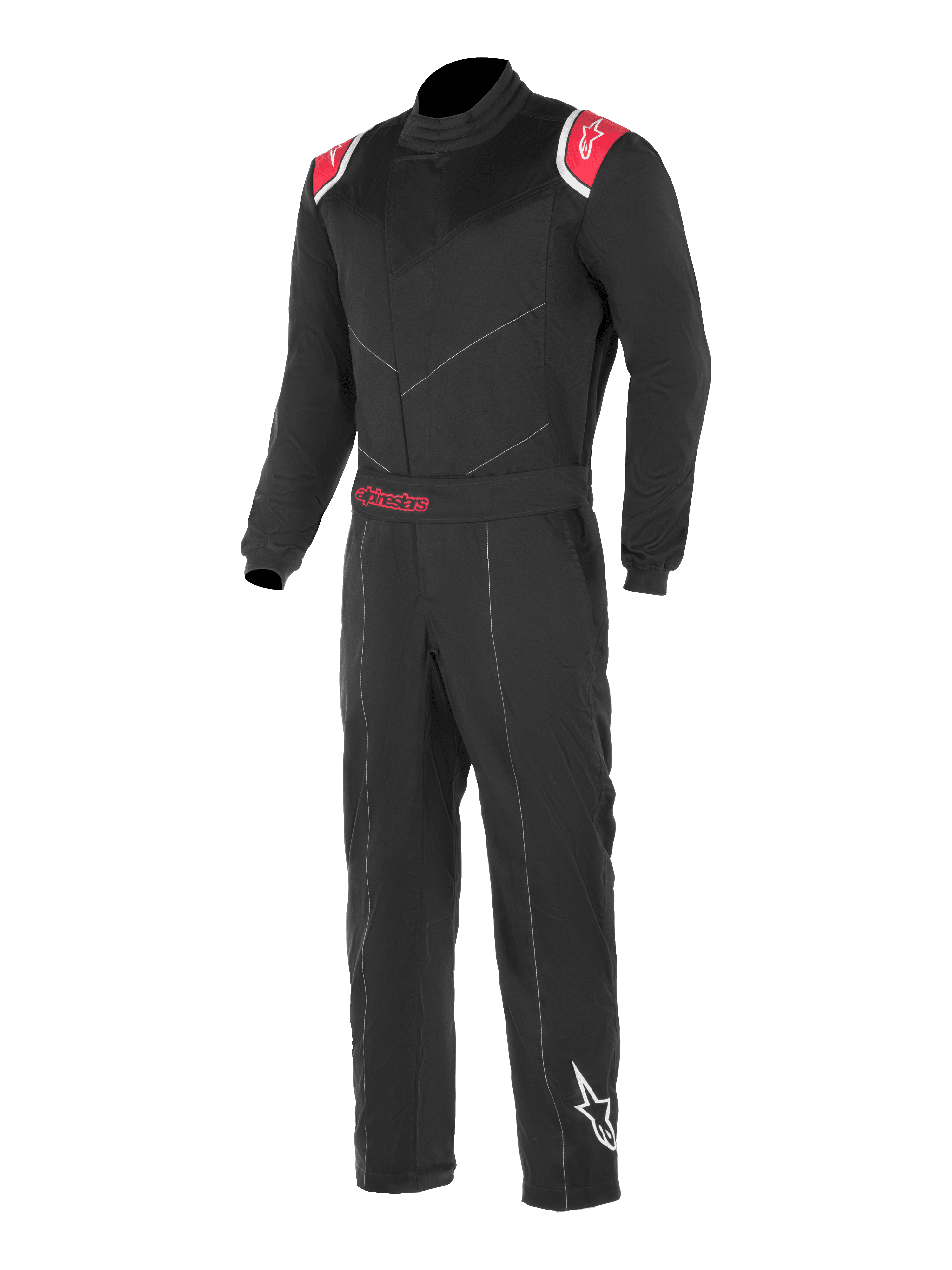 Alpinestars Kart Indoor Suit, fato de karting preto e vermelho, painéis vermelhos nos ombros com logótipos de estrela brancos, cinto ajustável com a marca Alpinestars a vermelho, logótipo de estrela branco na parte inferior da perna esquerda