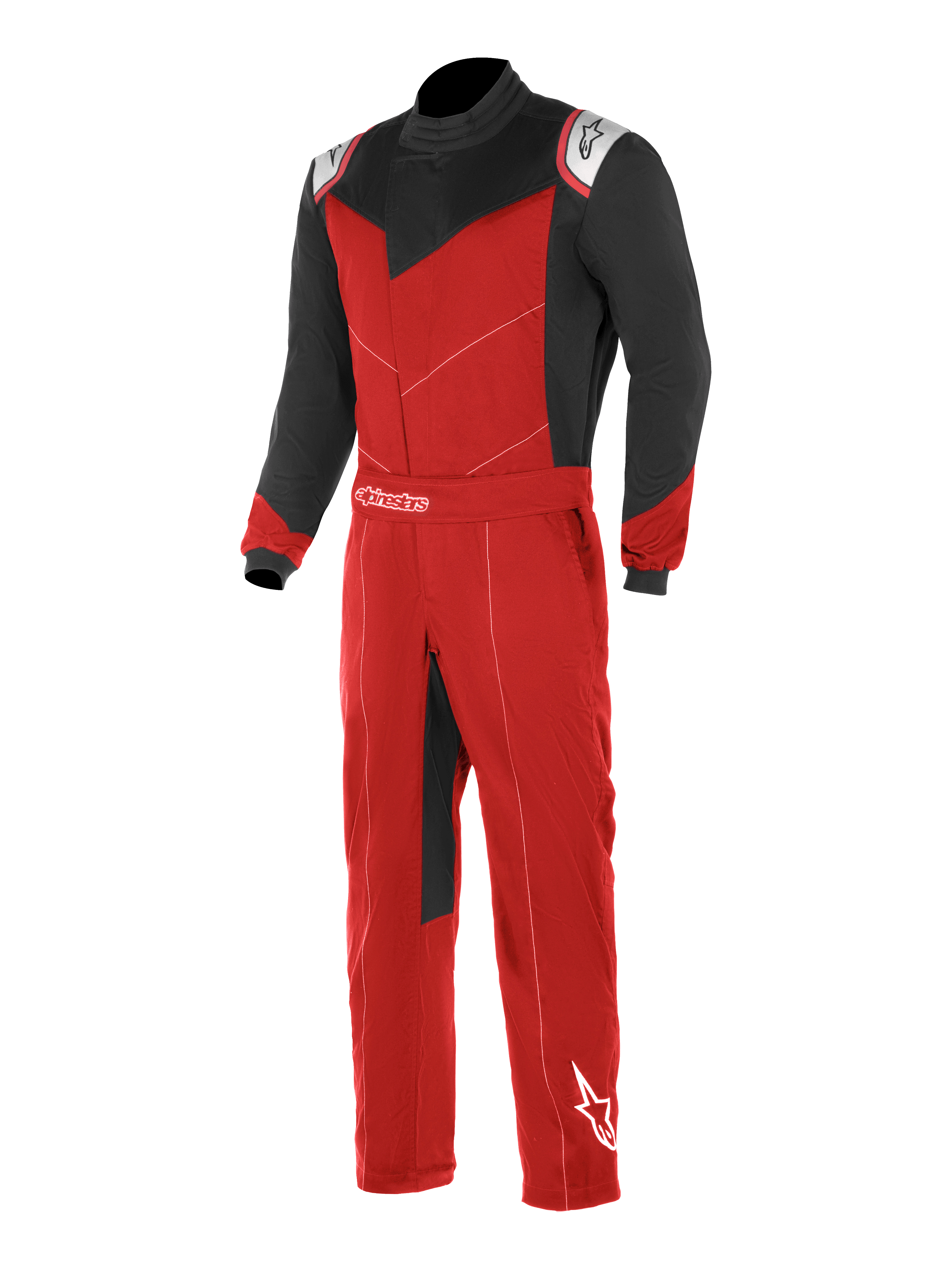 Alpinestars Kart Indoor Suit, fato de karting, vermelho e preto com detalhes brancos, mangas e painéis superiores do peito pretos, tronco e pernas vermelhos, abertura frontal assimétrica e cinto ajustável na cintura