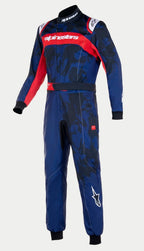 Alpinestars Youth KMX-9 V3 Graphic 5 Suit, macacão de karting, azul marinho e vermelho, com um padrão gráfico abstrato em azul escuro, painel frontal vermelho com logótipo branco, punhos e gola canelados em preto, design de corrida profissional de peça única