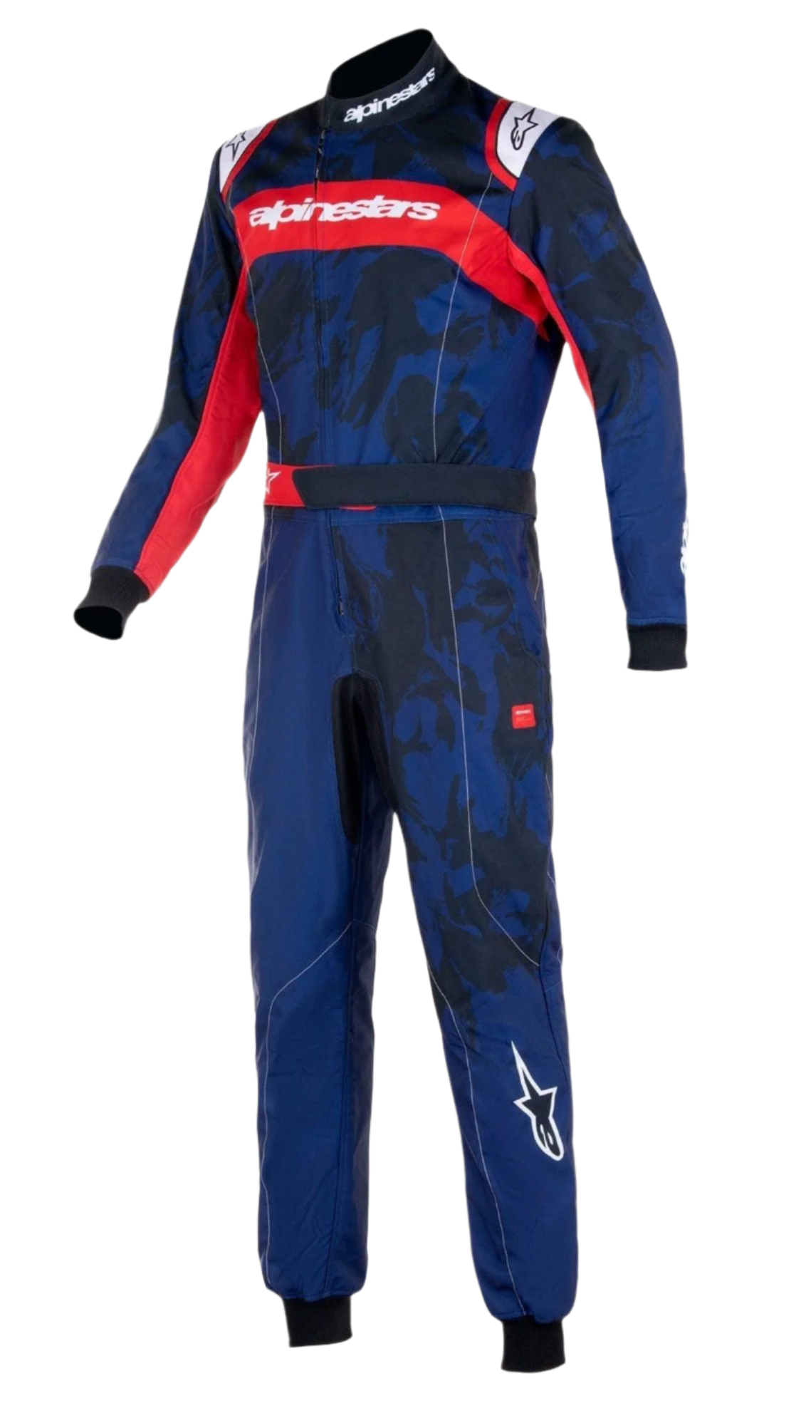 Alpinestars Youth KMX-9 V3 Suit Graphic 5, fato de karting, azul-marinho e vermelho, com padrão gráfico inspirado em camuflagem, faixa vermelha no peito com o logótipo Alpinestars em branco e punhos de malha pretos