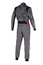 Macacão Alpinestars KMX-9 V3 Graphic 5, macacão de karting, cinzento escuro e preto, vista traseira com um padrão gráfico de camuflagem no tronco, pormenor vermelho na cintura e logótipo Alpinestars branco na manga e na perna