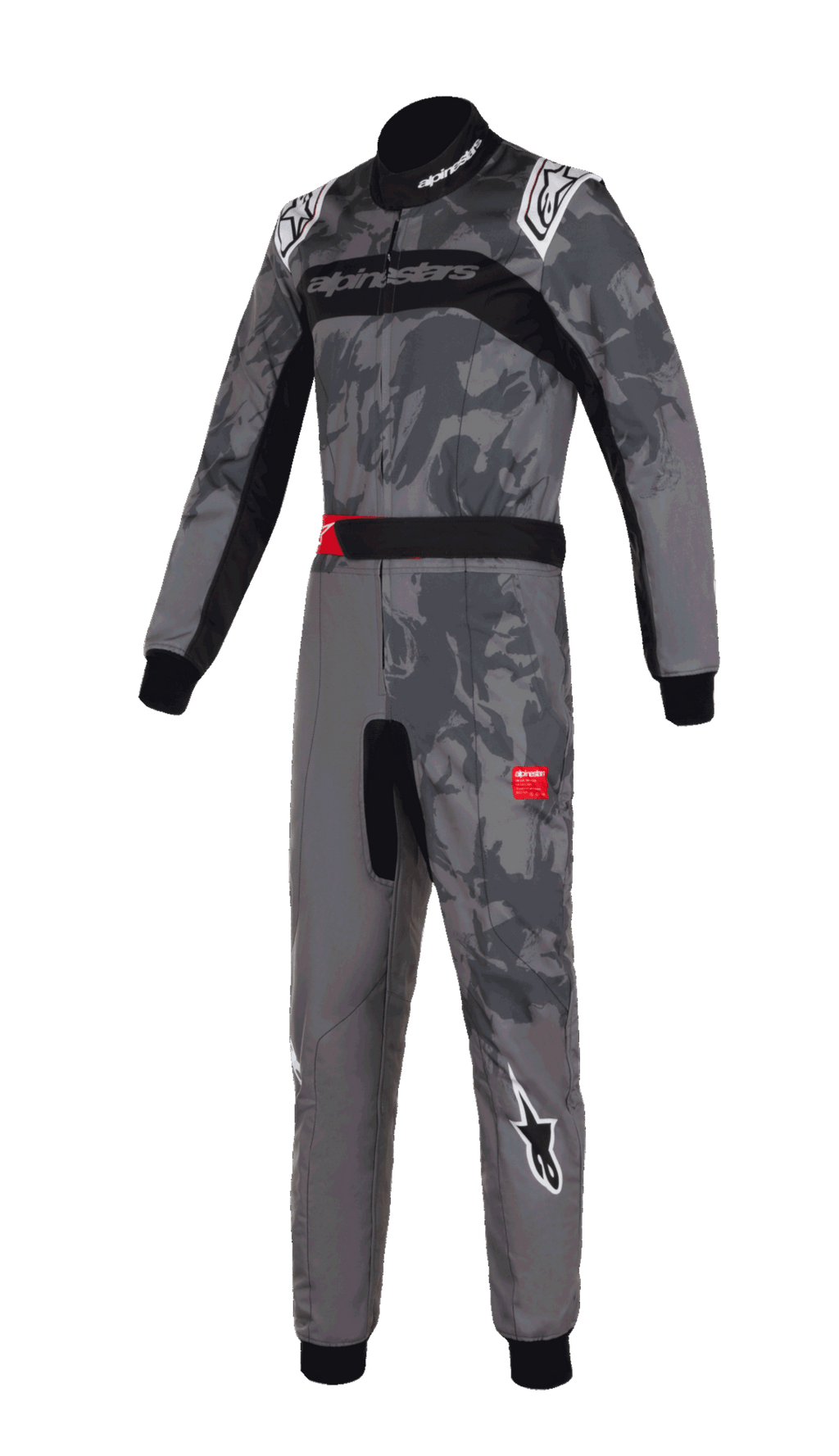 Macacão Alpinestars KMX-9 V3 Graphic 5, fato de karting, padrão de camuflagem cinzento escuro e preto, com logótipos Alpinestars brancos nos ombros e pernas, painéis elásticos pretos, detalhes vermelhos no cinto, design profissional de peça única para desportos motorizados