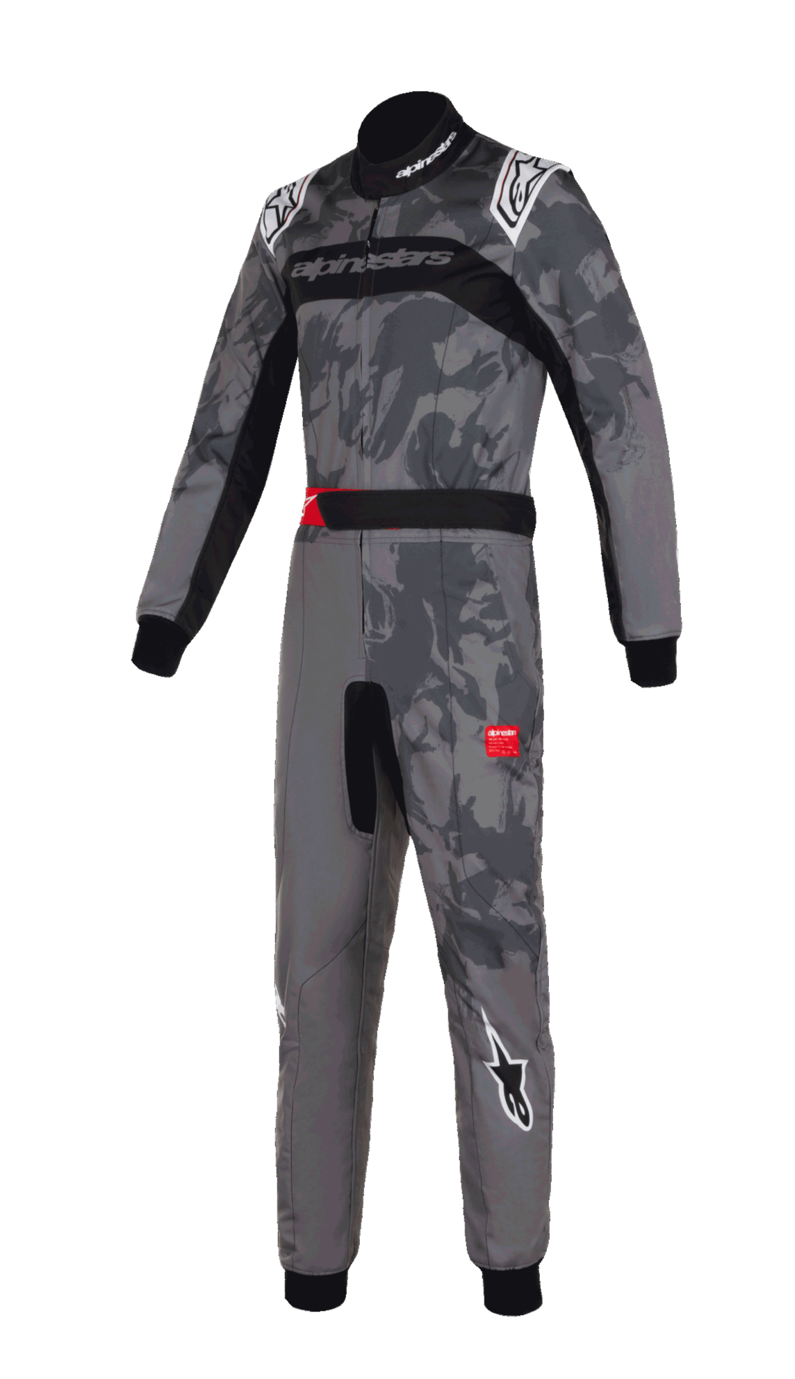 Macacão Alpinestars KMX-9 V3 Graphic 5, fato de karting, padrão de camuflagem cinzento escuro e preto, com logótipos Alpinestars brancos nos ombros e pernas, painéis elásticos pretos, detalhes vermelhos no cinto, design profissional de peça única para desportos motorizados