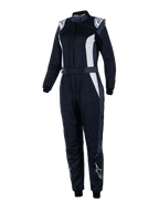 Alpinestars Stella GP Pro Comp V2 Suit, Women's FIA Racing Suit, Black Asphalt and White, long sleeves with high collar, white logos on shoulders and shins, adjustable waist belt, elastic cuffs, aerodynamic design for professional motorsport racing