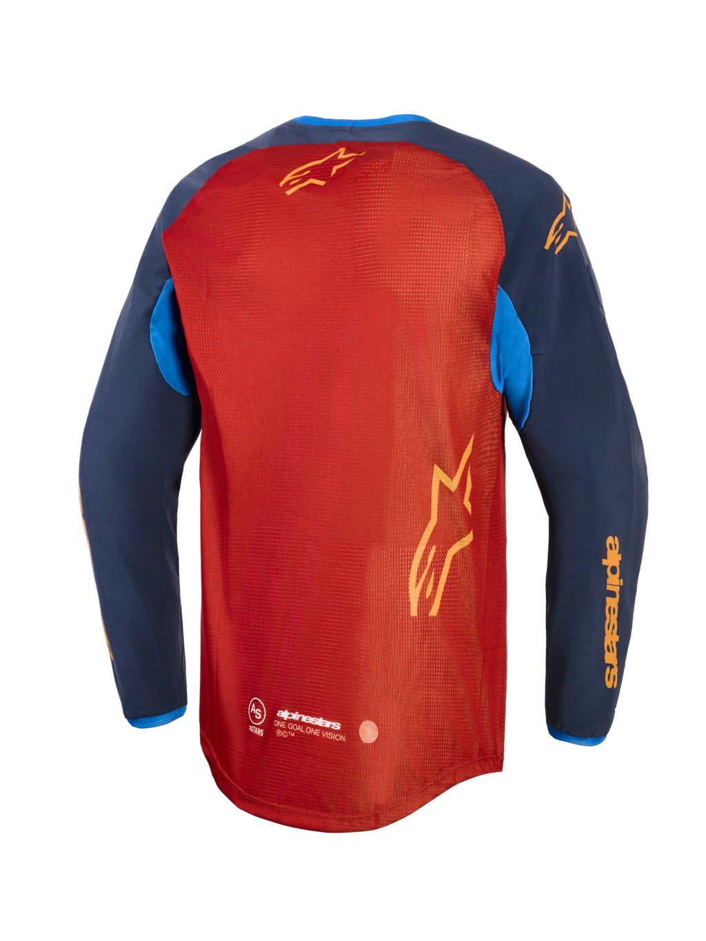 Alpinestars Maxdura Dual Jersey, camisola de motociclismo de aventura, castanho ferrugem e azul Mood Indigo com detalhes em azul brilhante, vista traseira mostrando o tronco em malha completa, bainha traseira descaída e logótipo Alpinestars em amarelo nas mangas e nas costas
