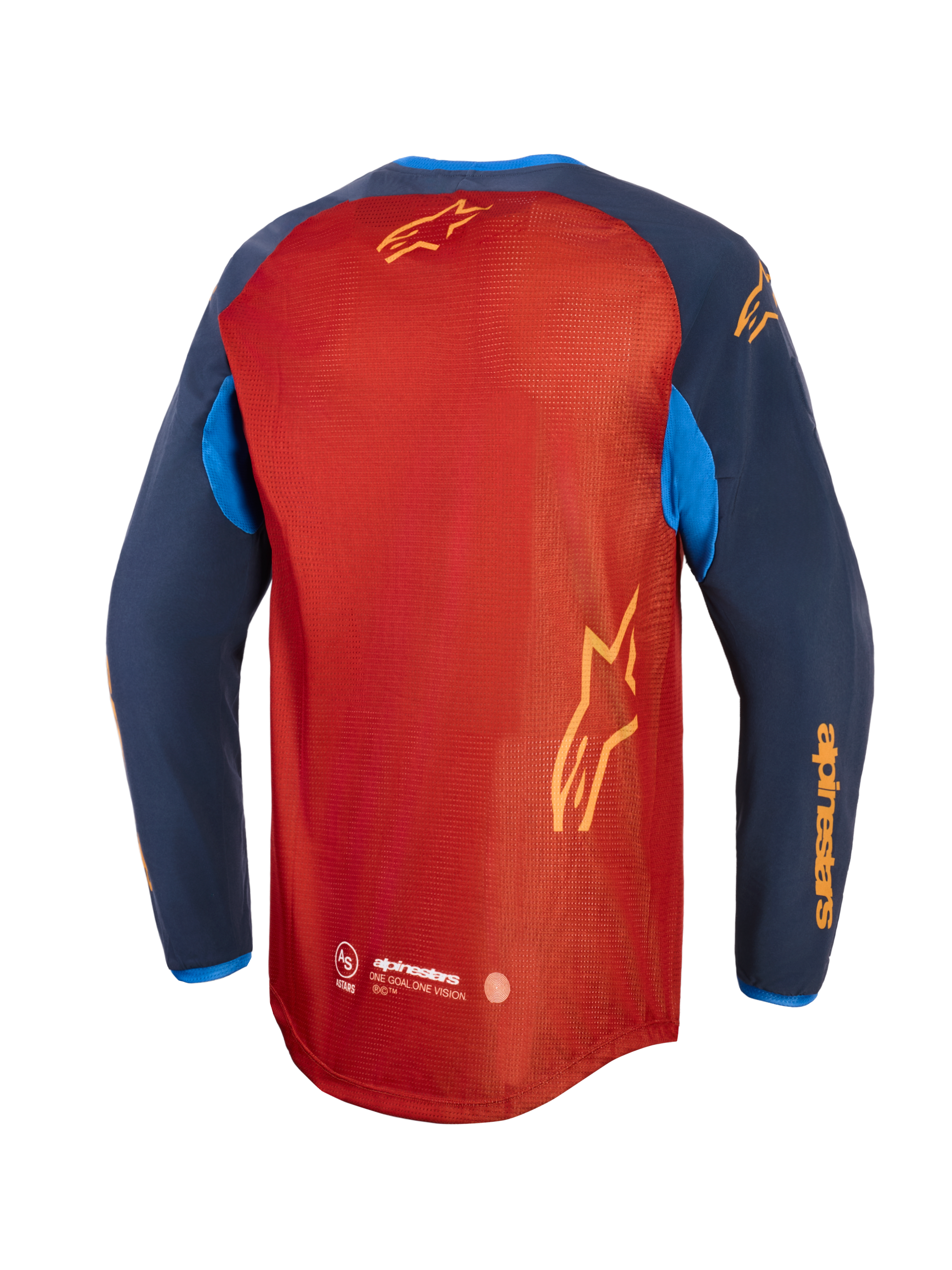 Alpinestars Maxdura Dual Jersey, camisola de motociclismo de aventura, castanho ferrugem e azul Mood Indigo com detalhes em azul brilhante, vista traseira mostrando o tronco em malha completa, bainha traseira descaída e logótipo Alpinestars em amarelo nas mangas e nas costas