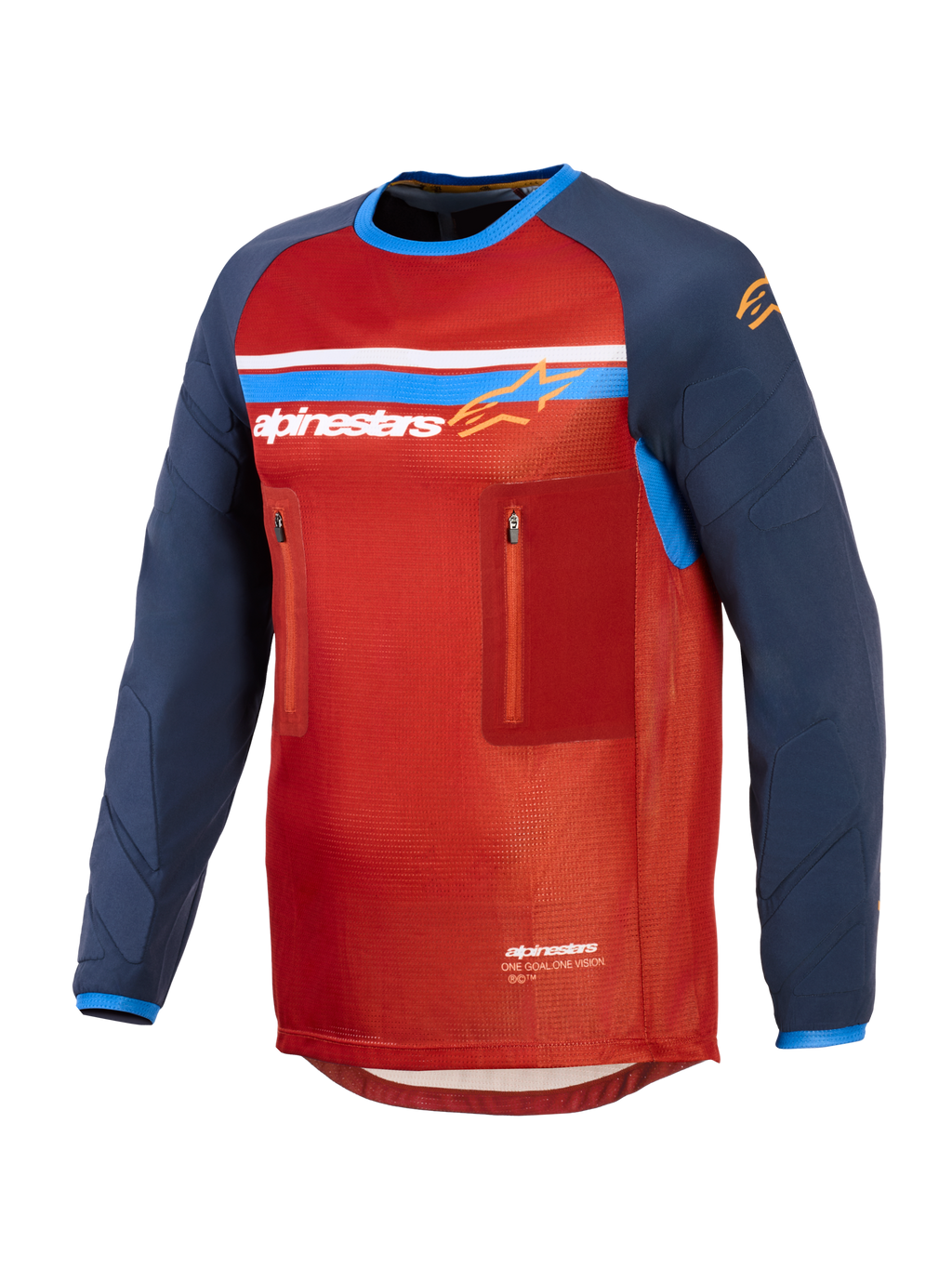 Alpinestars Maxdura Dual Jersey, camisola técnica de motociclismo de aventura, vermelha e azul escuro, com tronco em malha, dois bolsos no peito com fecho de correr, logótipo Alpinestars com riscas azuis e brancas, e mangas compridas resistentes à abrasão.