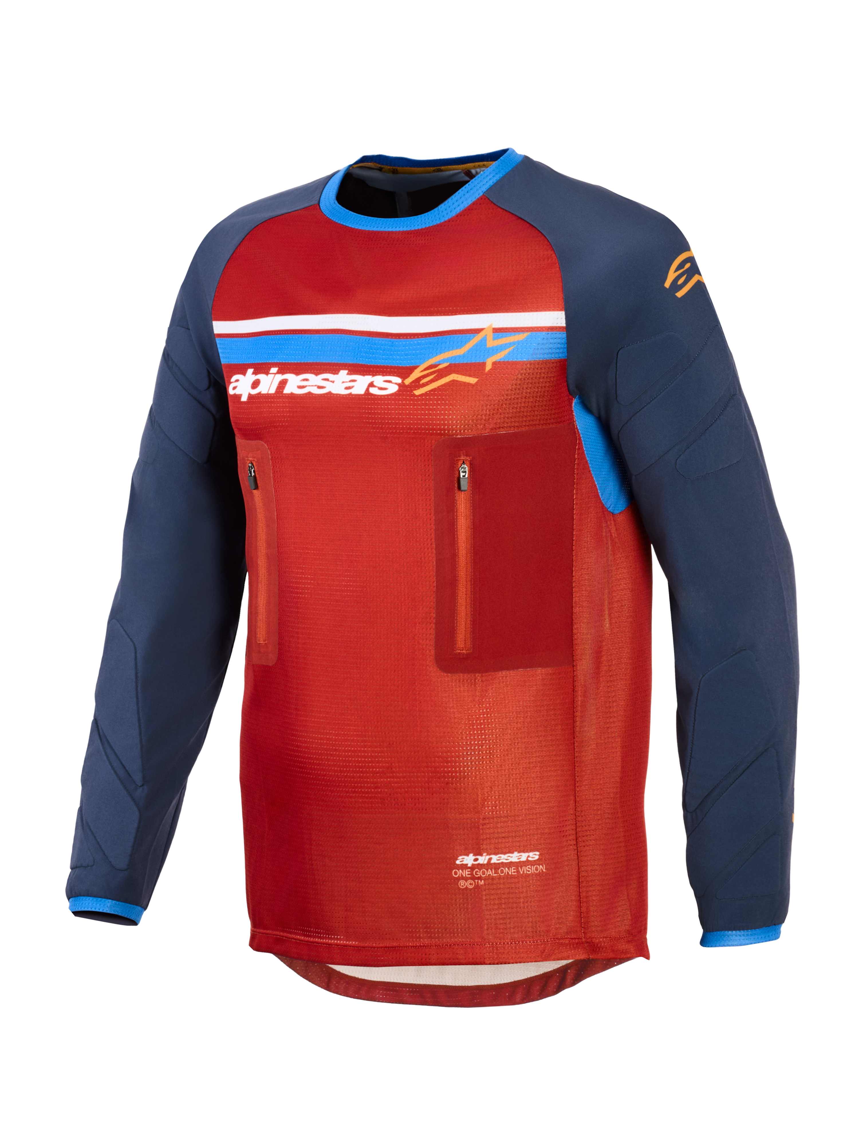 Alpinestars Maxdura Dual Jersey, camisola técnica de motociclismo de aventura, vermelha e azul escuro, com tronco em malha, dois bolsos no peito com fecho de correr, logótipo Alpinestars com riscas azuis e brancas, e mangas compridas resistentes à abrasão.