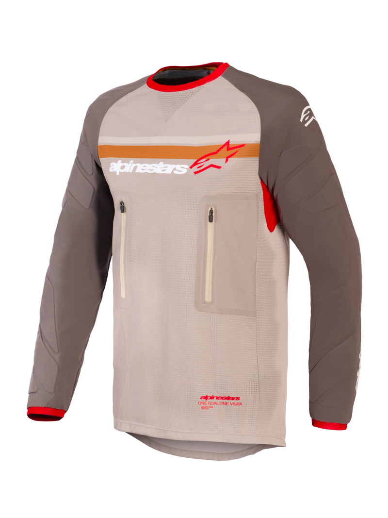 Alpinestars Maxdura Dual Jersey, Adventure and Dual-Sport Motorcycle Jersey, Aluminum Walnut and Brown, mesh torso with abrasion-resistant sleeves, dual zippered chest pockets, orange stripe and Alpinestars logo on chest, red trim on collar and cuffs