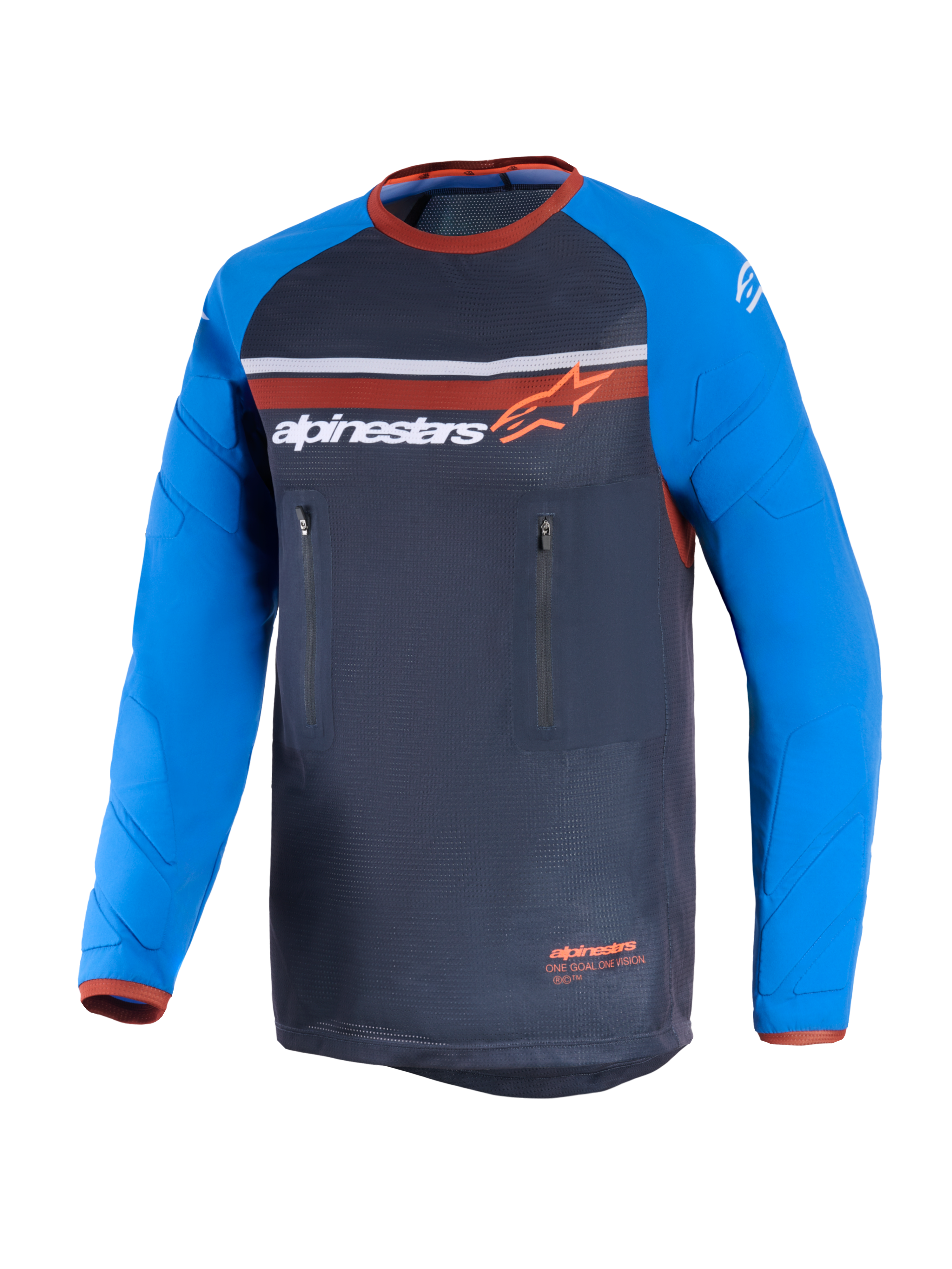 Alpinestars Maxdura Dual Jersey, Deep Gray and Royal Blue, dual-sport motorcycle jersey featuring a full mesh torso, abrasion-resistant long sleeves with reinforcement patterns, orange accents, and dual vertical zippered chest pockets