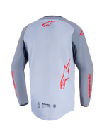 Alpinestars Maxdura Dual Jersey, Rear View, Mid Gray and Dark Gray, featuring red Alpinestars logos on the back and sleeves, mesh torso construction, and extended drop-tail hem.