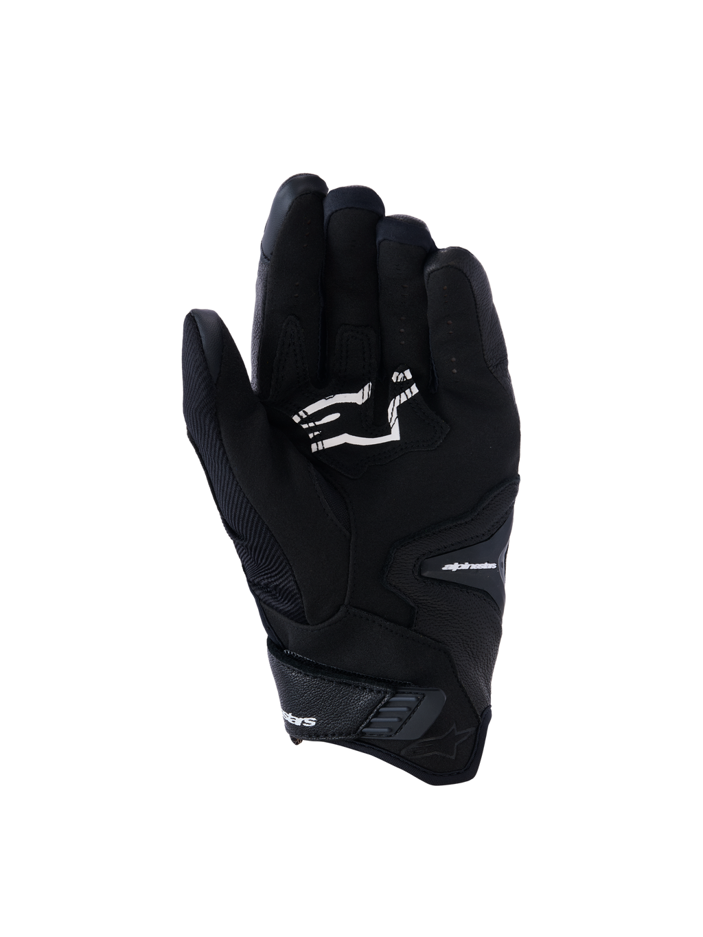Luvas Alpinestars SP-R Pro, luvas de motociclismo pretas de punho curto, vista da palma com reforços de aderência e logótipo Alpinestars em branco, concebidas para condução desportiva