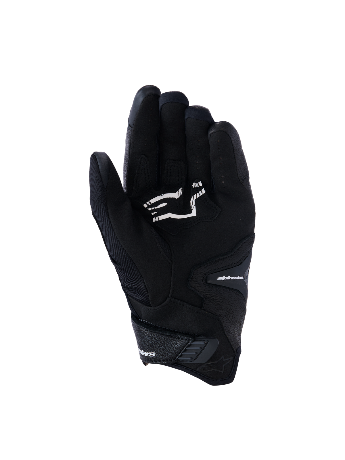 Luvas Alpinestars SP-R Pro, luvas de motociclismo pretas de punho curto, vista da palma com reforços de aderência e logótipo Alpinestars em branco, concebidas para condução desportiva