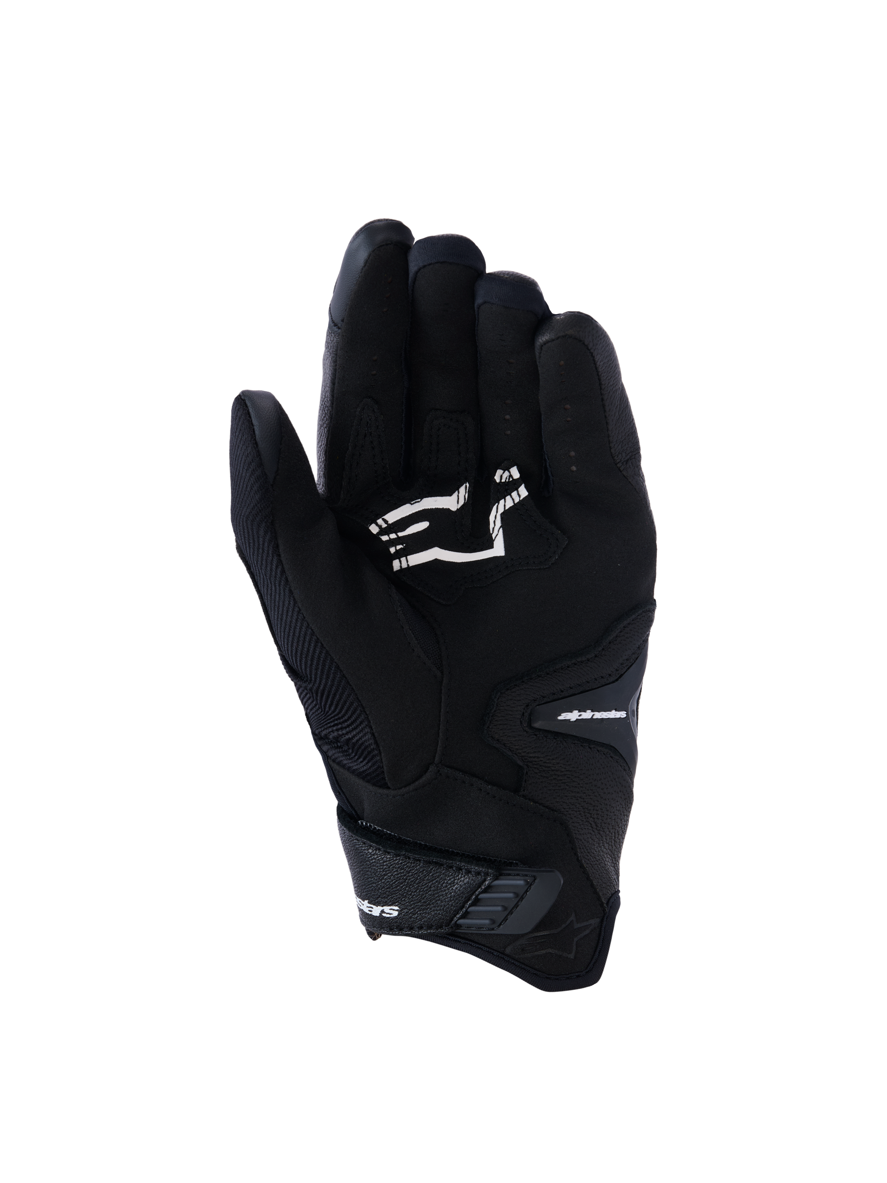 Luvas Alpinestars SP-R Pro, luvas de motociclismo pretas de punho curto, vista da palma com reforços de aderência e logótipo Alpinestars em branco, concebidas para condução desportiva
