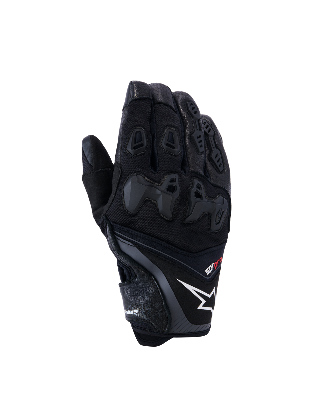Luvas Alpinestars SP-R Pro, luvas de motociclismo de competição pretas com logótipo de estrela branco e texto 'pro' vermelho, proteção de articulação em TPU dividida e painéis de dedos reforçados, construção em pele e tecido premium para condução desportiva