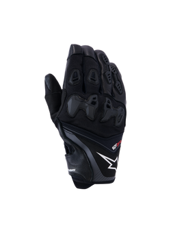 Alpinestars SP-R Pro Gloves, Black motorcycle racing gloves featuring a white star logo and red pro text, divided TPU knuckle protection and reinforced finger panels, premium leather and textile construction for sport riding