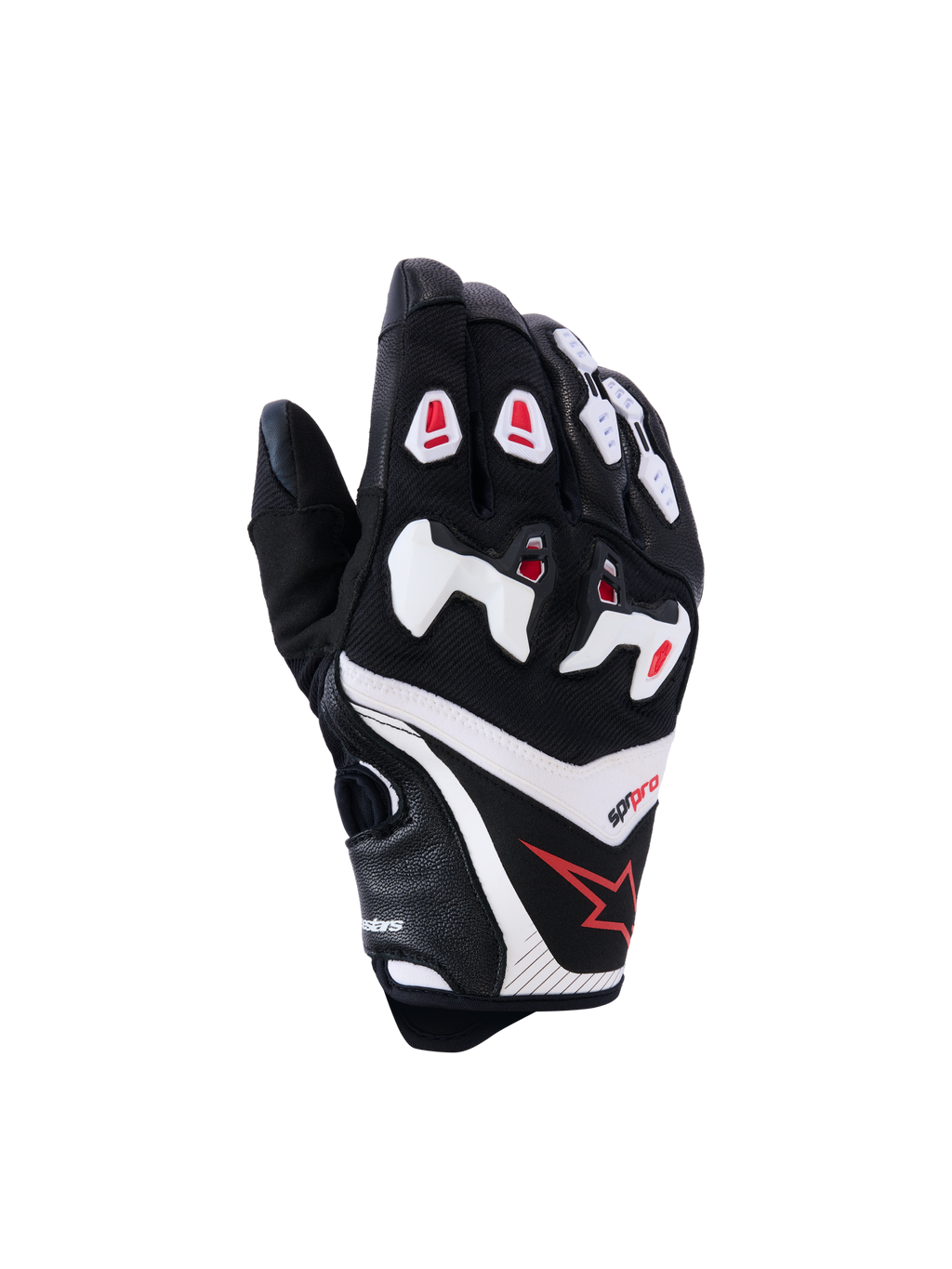 Alpinestars SP-R Pro Gloves, Motorcycle Racing Gloves, Black with White and Red Accents, Backhand View featuring Divided TPU Knuckle Protection, Textured Leather and Mesh Construction, Red Star Logo on the wrist