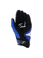 Luvas Alpinestars SP-R Pro, vista da palma, Azul Brilhante, Azul Marinho e Branco, com palma em pele sintética preta e logótipo Alpinestars branco, design de punho curto com fecho de velcro e zonas de aderência reforçadas.
