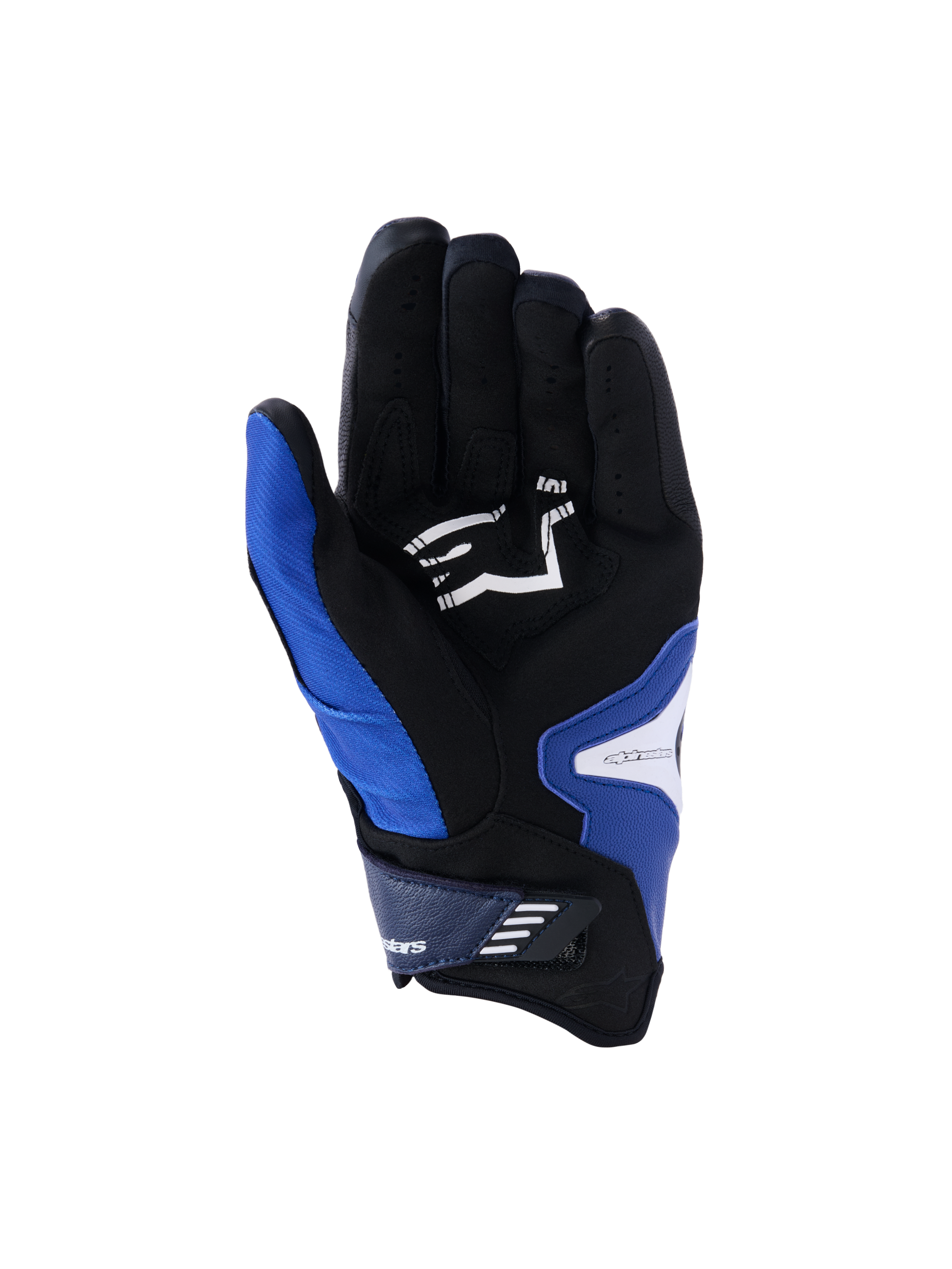 Luvas Alpinestars SP-R Pro, vista da palma, Azul Brilhante, Azul Marinho e Branco, com palma em pele sintética preta e logótipo Alpinestars branco, design de punho curto com fecho de velcro e zonas de aderência reforçadas.