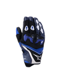 Luvas Alpinestars SP-R Pro, luvas de motociclismo de corrida, azul brilhante, azul-marinho e branco, vista das costas da mão com protetor de articulação em TPU dividido azul, proteções de dedos brancas, logótipo de estrela da Alpinestars e design de punho curto
