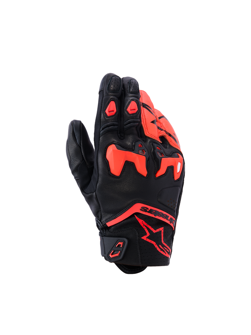 Luvas Alpinestars SP-R Tech, luvas de motociclismo, pretas e vermelho fluo, com proteção de articulação em TPU dividida e painéis de pele perfurada, design desportivo de punho curto com logótipo Astars vermelho