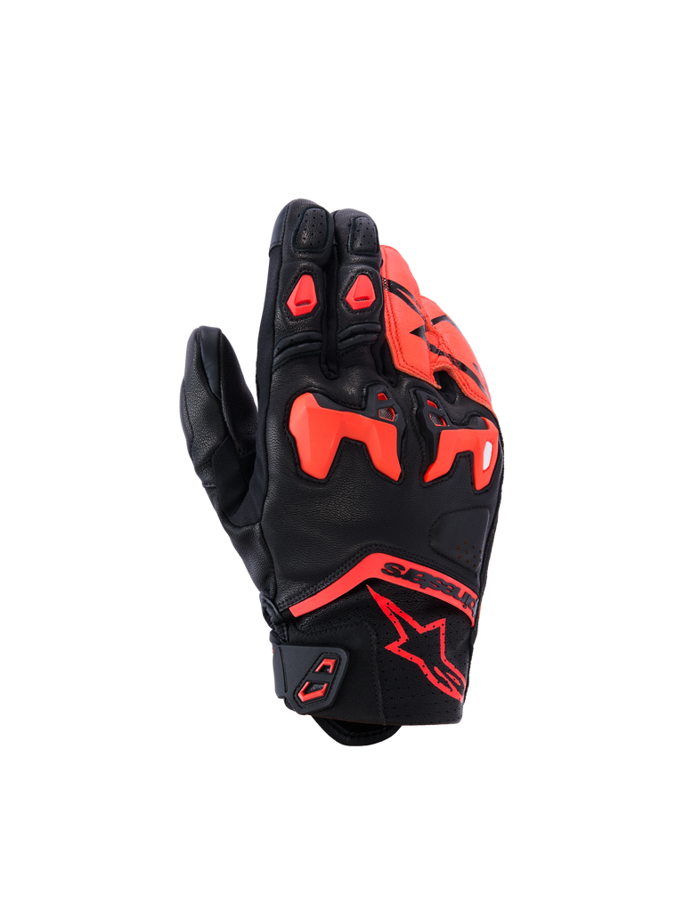 Alpinestars SP-R Tech Gloves, luvas de moto para corrida, pretas e vermelhas, com proteção nos dedos e articulações, logo em estrela na zona do pulso, design robusto com costuras reforçadas