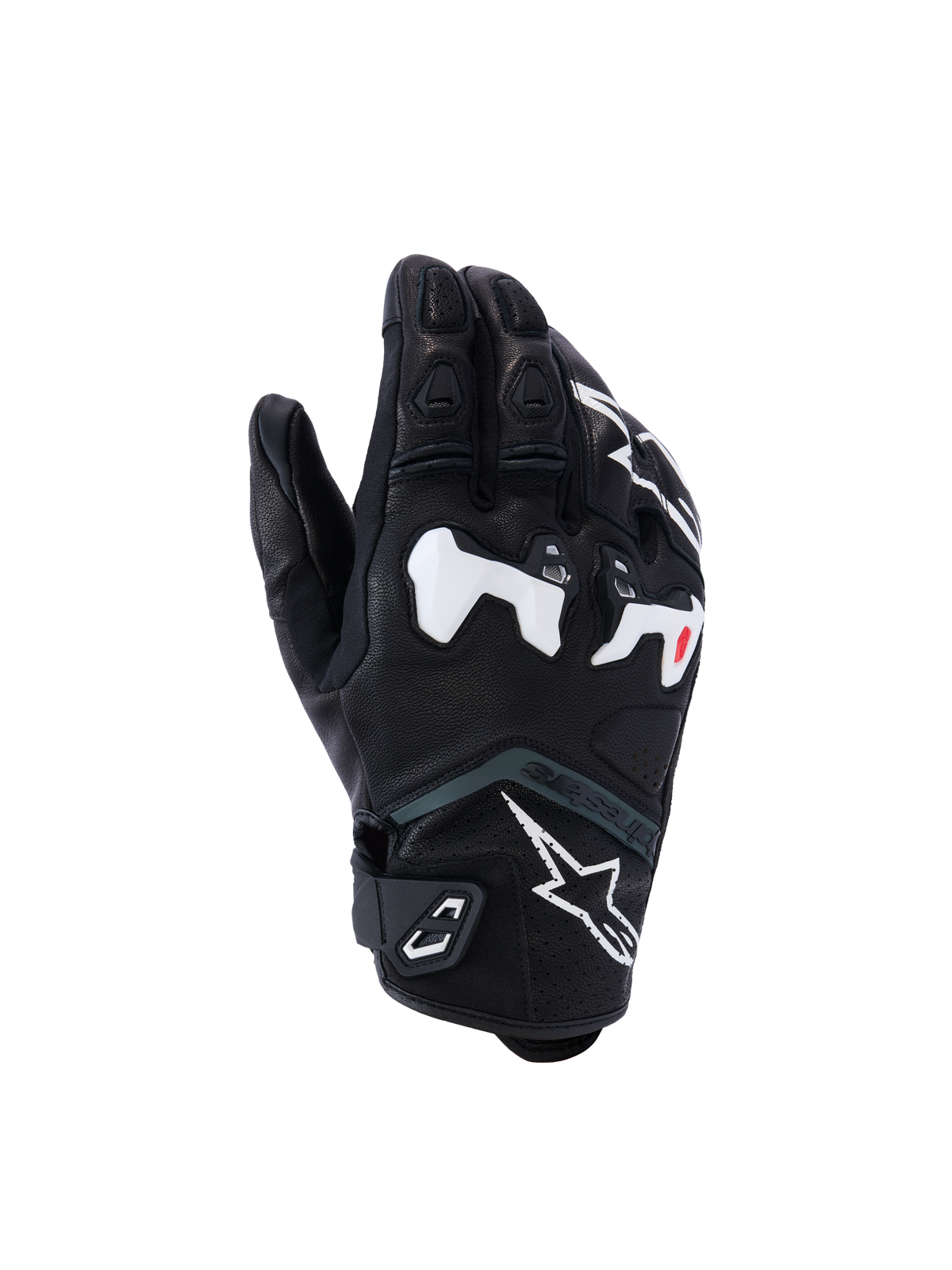 Alpinestars SP-R Tech Gloves, luvas de corrida para motociclismo, pretas com detalhes brancos e vermelhos, proteção reforçada nos nós dos dedos, superfície texturizada com dedos acolchoados, fecho de velcro no pulso, design desportivo moderno