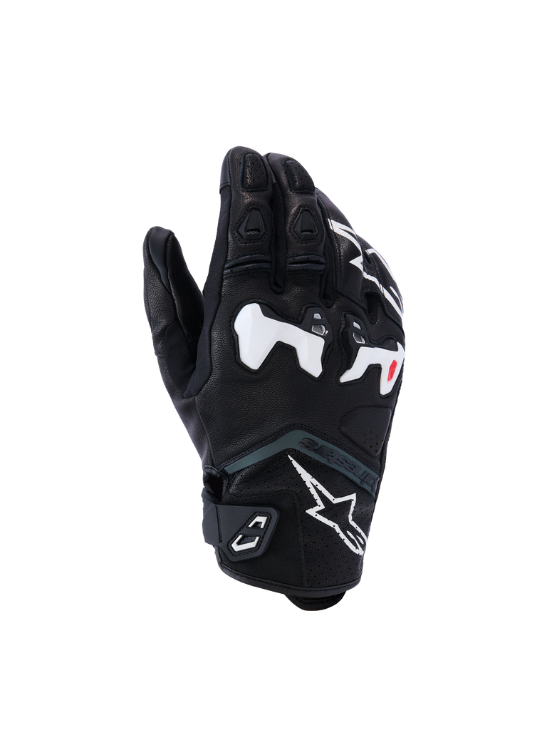 Alpinestars SP-R Tech Gloves, luvas de moto para corrida, pretas com detalhes brancos e vermelhos, proteção reforçada nos nós dos dedos, superfície texturizada, almofadas protetoras nos dedos, fecho ajustável no pulso, design moderno e desportivo