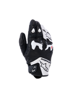 Alpinestars SP-R Tech Gloves, Motorcycle Racing Gloves, Black and White, featuring a white TPU divided knuckle protector, perforated leather construction, Alpinestars branding on the cuff, and red finger accents, short-cuff sport design.