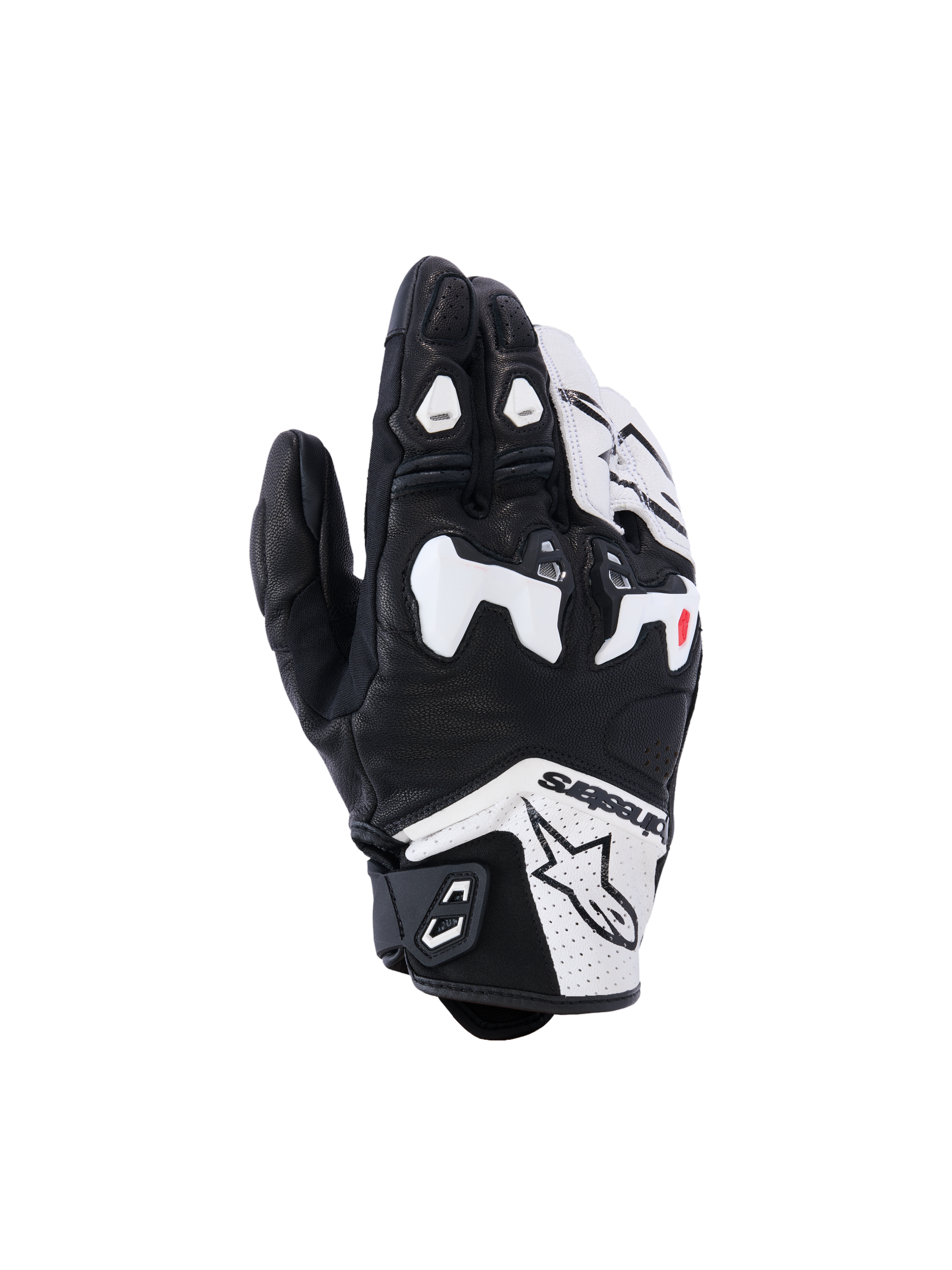 Alpinestars SP-R Tech Gloves, Motorcycle Racing Gloves, Black and White, featuring a white TPU divided knuckle protector, perforated leather construction, Alpinestars branding on the cuff, and red finger accents, short-cuff sport design.
