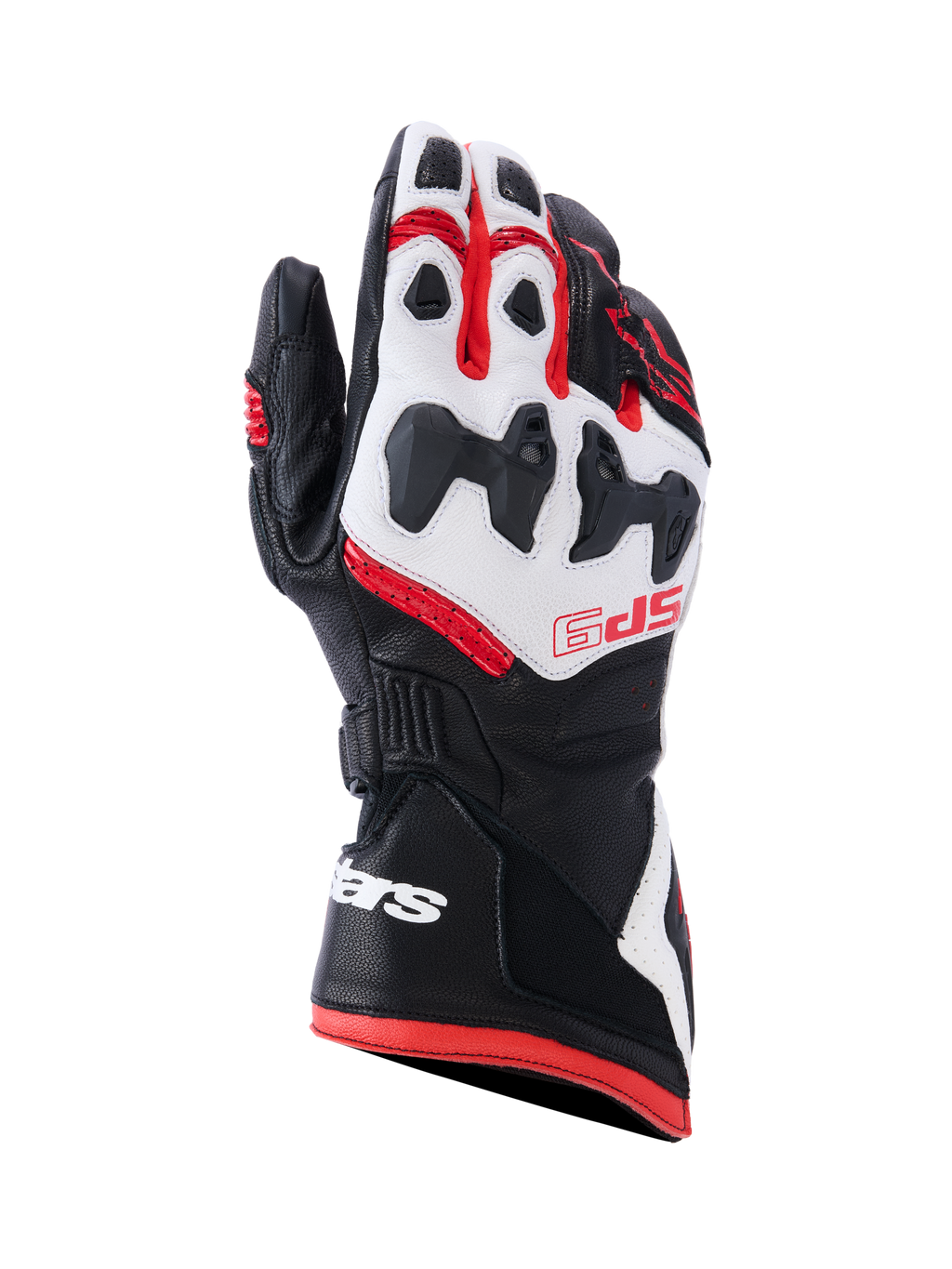 Alpinestars SP-9 Gloves, Motorcycle Racing Gloves, Black White and Bright Red, featuring SP-R divided knuckle protection, perforated goat leather, red SP-9 branding on the backhand, and white logo on the long dual-closure cuff.
