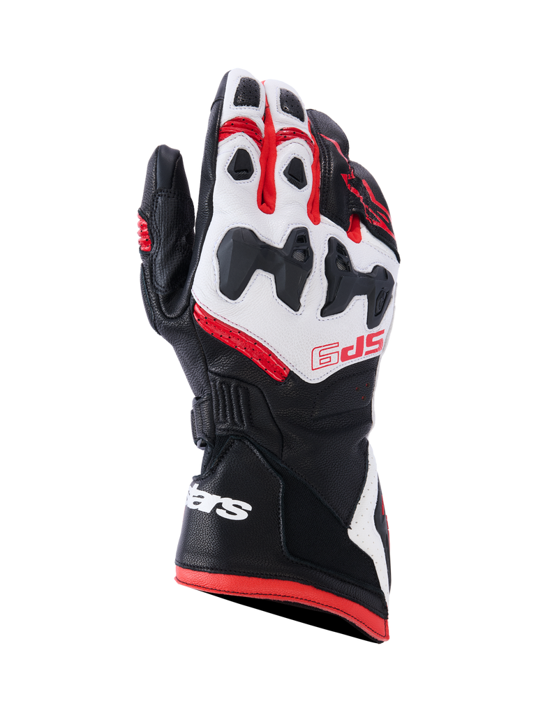 Alpinestars SP-9 Gloves, Motorcycle Racing Gloves, Black White and Red, protective knuckle padding, textured grip sections, reinforced fingers, ventilation holes, durable construction with wrist logo