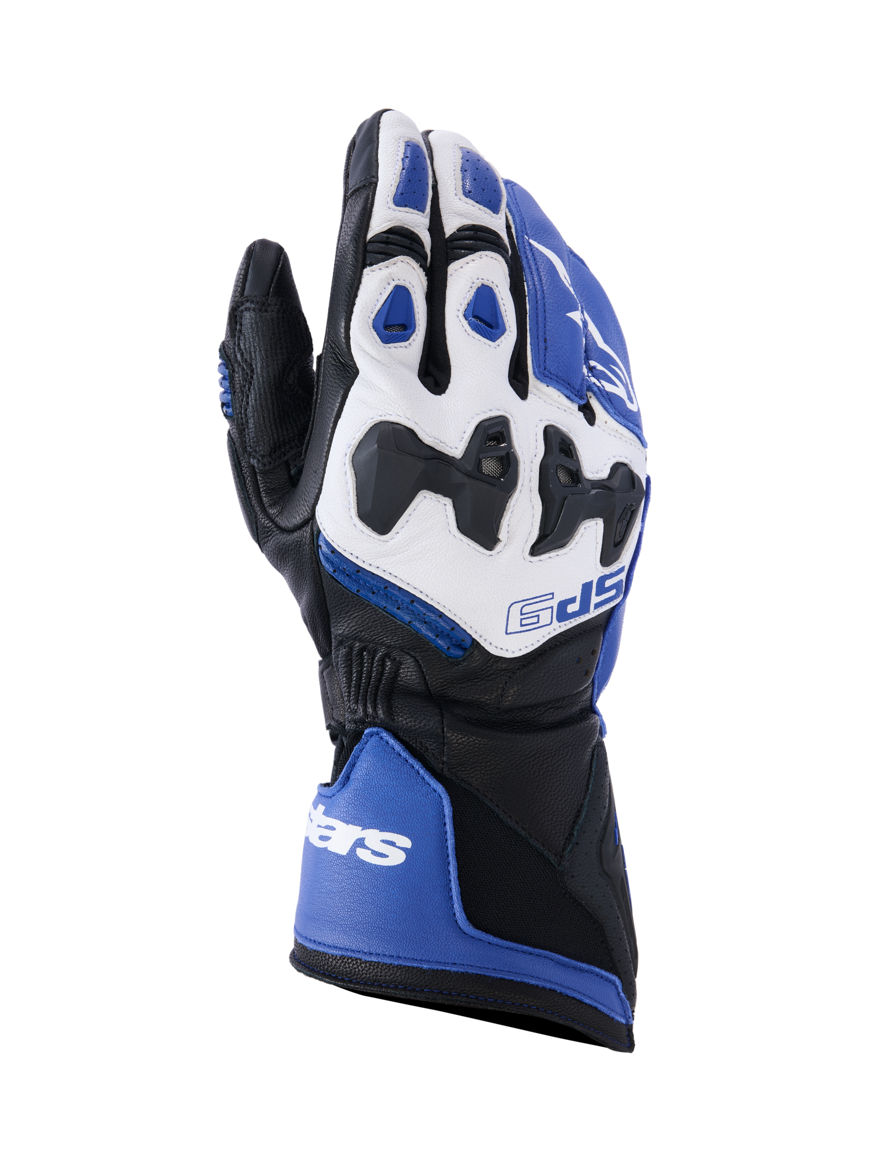 Luvas Alpinestars SP-9, luvas de motociclismo desportivas e de corrida, azul vibrante, branco e preto, construção em pele de cabra com proteção de articulação dividida SP-R, punho longo com fecho duplo, design desportivo para performance em pista e estrada