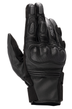 Luvas de Couro Alpinestars Phenom, luvas de motociclismo, pretas, vista superior mostrando proteção rígida perfurada nos nós dos dedos, dedos reforçados, inserções elásticas em acordeão e construção em couro de cabra premium.